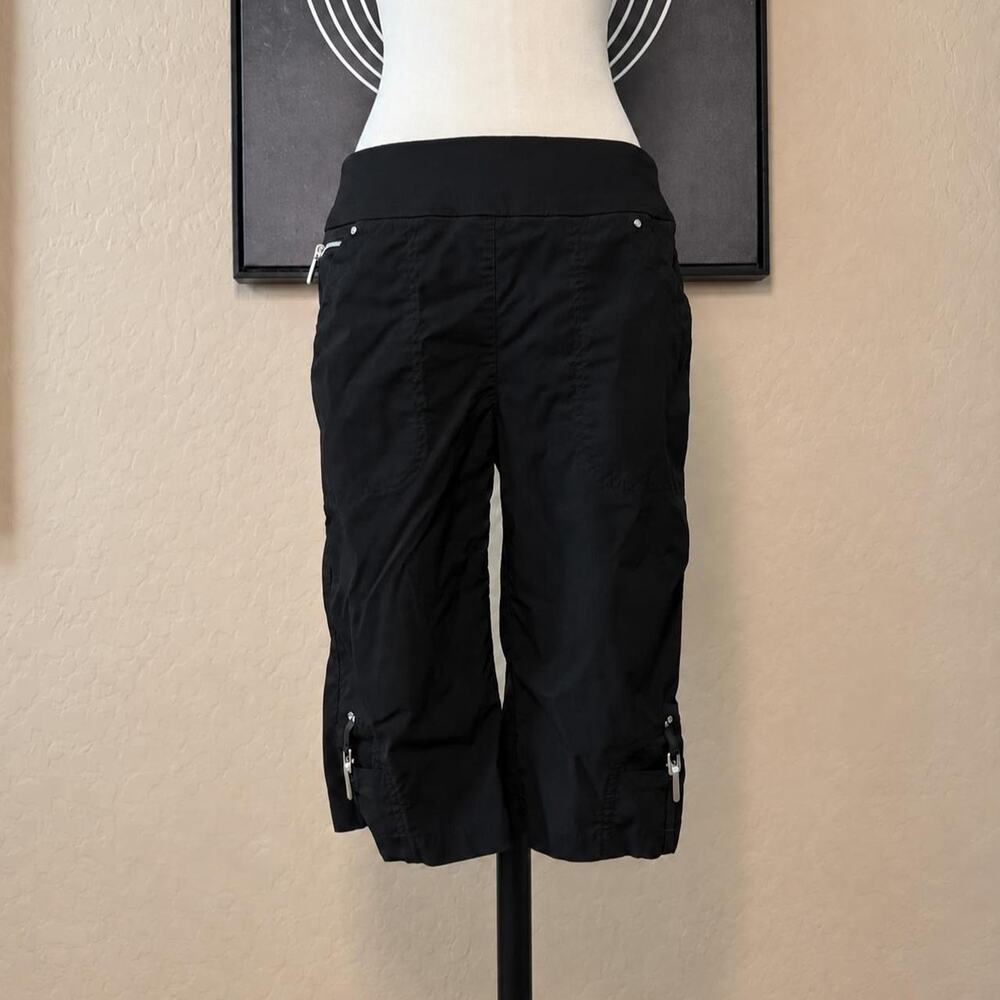 Y2K Black Cropped Cargo Capri Pants Silver Leather Zipper Utility Size 10